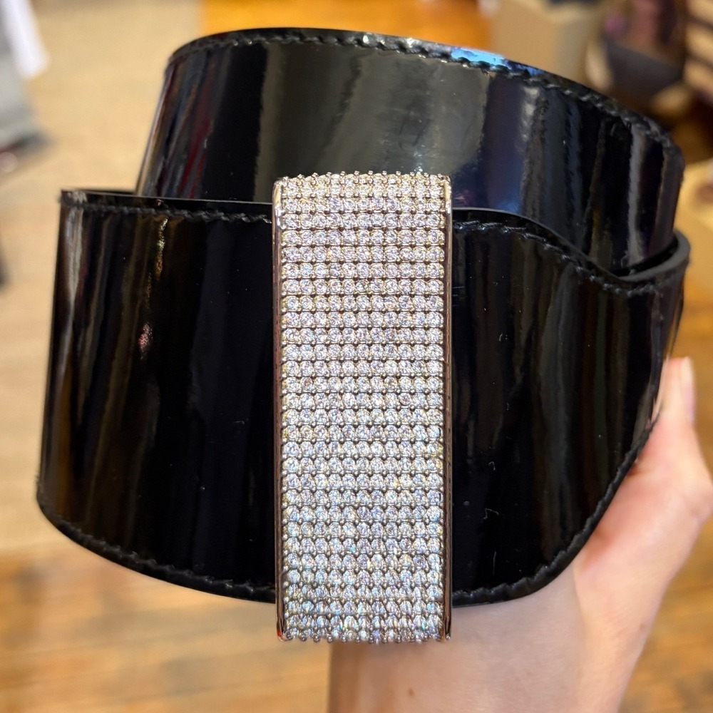 Valentino Black Patent Leather Wide Waist Belt Crystal Buckle Italy Vintage - Picture 2 of 11